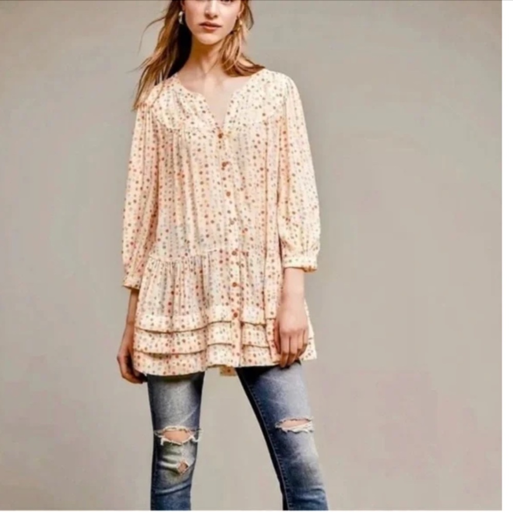 Anthropologie Maeve Paccia Ruffled Tunic Mini Dress Size XS Boho Festival Hippie